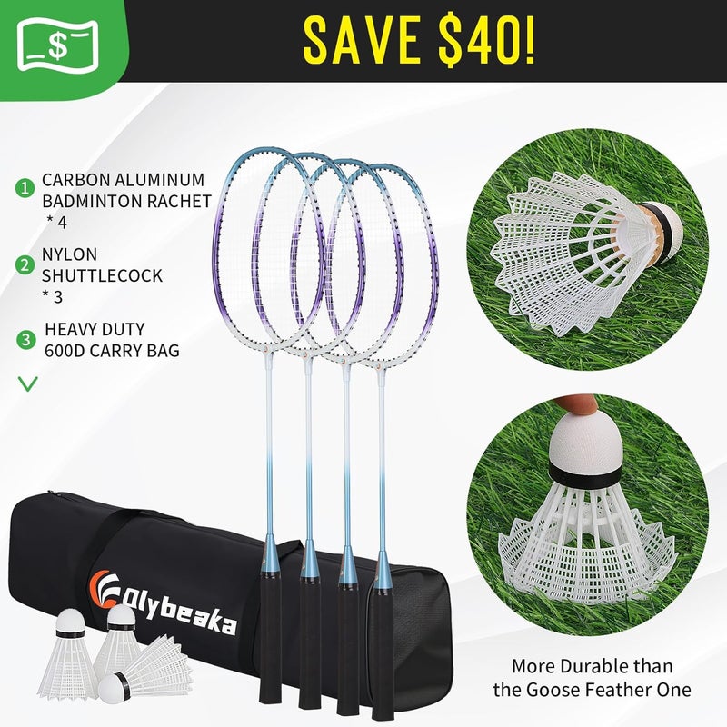 Olybeaka Outdoor Baminton Net Set for Backyard, Beach, Family Games with 20 * 3ft Anti-sag Net, 4 Aluminum Badminton Rackets, 3 Shuttlecocks, Carring Bag - Easy Set Up & Portable - Image 2